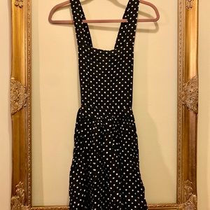 black and white polka dot short overall dress